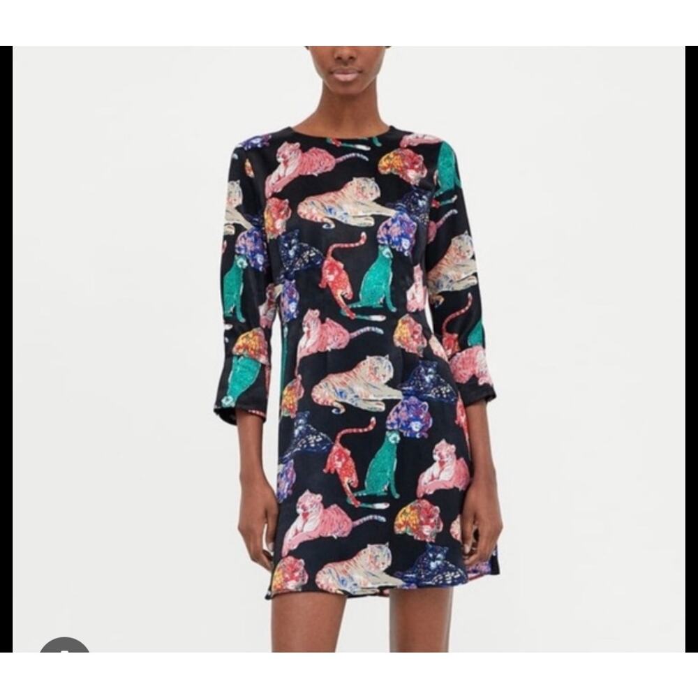 Zara‎ Big Cat Tiger Print Dress Black Multicolor 3/4 Cuff Sleeve Satin Short XS